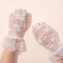 1pair Women's Sexy Gothic Party Dress Gloves, Rose & Lace Design Ruffle Trimmed Bridal Gloves For Party Elegant Halloween Halloween Accessories Winter Gloves - 白色 - 查看 2