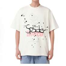 Scott X Sp5der Graphic Tee Tops Casual Summer Short Sleeve Crew Neck T Shirt,  Casual Summer Vintage Tops, Star Print - 白色 - 查看 2