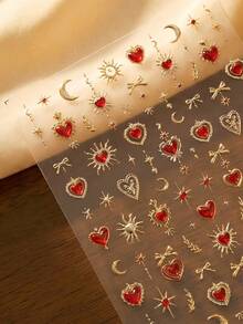 1张金色图腾和红色爱心美甲贴纸，极光全息魅力美甲贴花，水钻装饰，5D自粘，女士美甲配件，美甲美学，美甲用品，美甲贴纸 - 彩色 - 查看 3