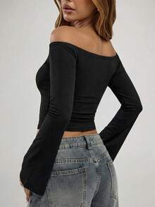 Sexy Fashion Lace-Up Hollow Out Off-Shoulder Flared Long Sleeve T-Shirt Top, Spring/Summer New Arrival - Black - View 2