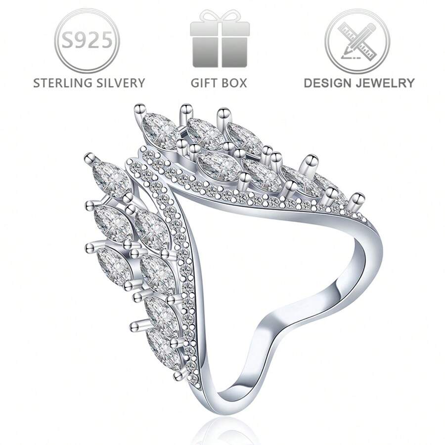 1枚925纯银立方氧化锆翼形拥抱设计优雅女士戒指，适合休闲、派对、婚礼、节日、生日、情人节等场合佩戴。 - 銀色 - 查看 1