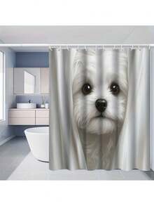 1/3/4pcs Cute & Healing Style White Curtain Puppy Printed Polyester Shower Curtain Set, Bathroom Accessories Include Bath Mat, U-Shaped Mat, Toilet Mat, 180x180cm Shower Curtain With 12 Hooks, Suitable As Holiday Gift - Multicolor - View 7