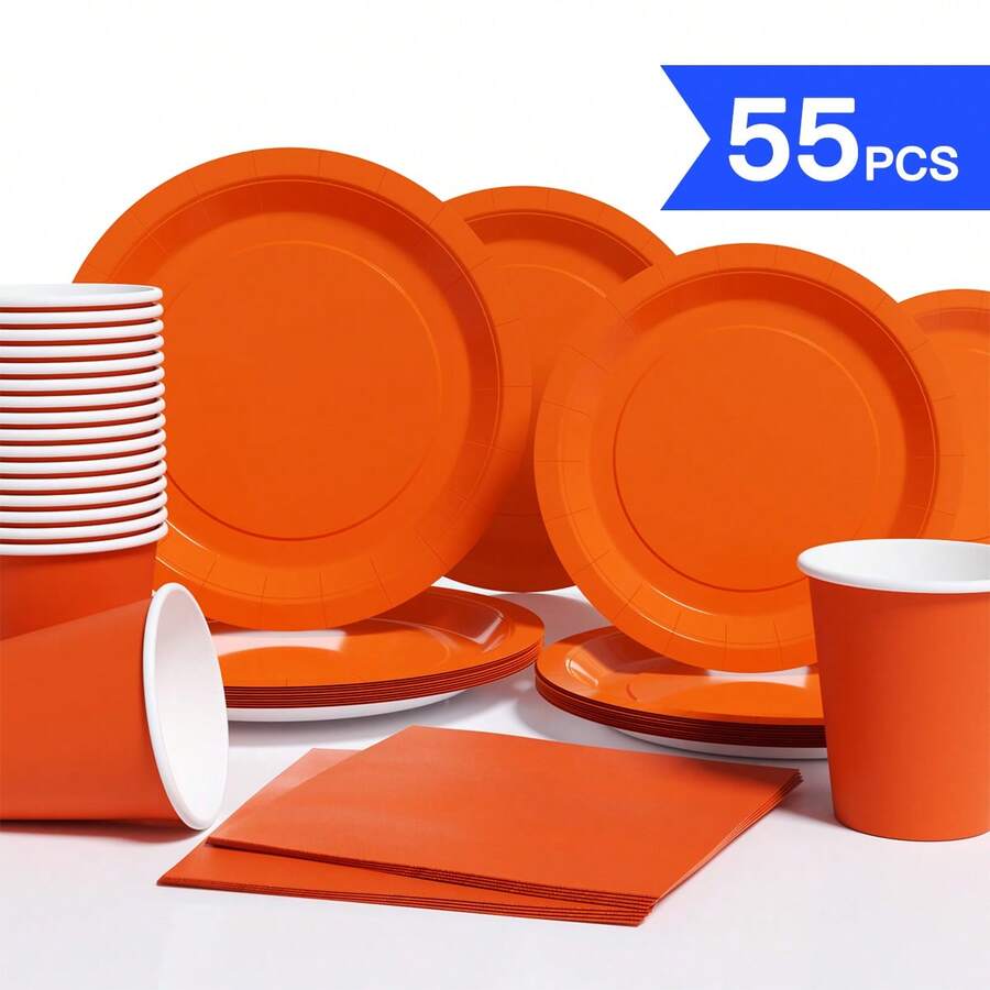 Bộ đĩa, khăn ăn, cốc dùng một lần màu cam và đỏ, phục vụ 10 người, đồ dùng tiệc bằng giấy dùng một lần phù hợp cho sinh nhật, đám cưới, tiệc tùng, dã ngoại gia đình. - Nhiều màu - Xem 1