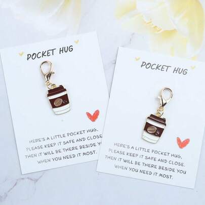 1pc/2pcs Funny Coffee Cup Set - Includes Pocket Hug Greeting Card & Metal Keychain, Suitable As Theme Party Gifts, Birthday, Wedding, Christmas Presents, Positive Support Gifts, Decorative Hanging Accessories