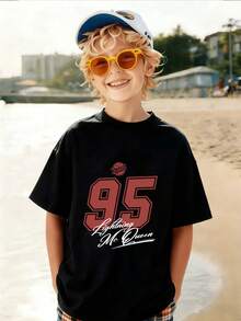 1pc Disney Lightning McQueen Double-Sided Printed Tween Boys Cool T-Shirt, Soft & Breathable, Ideal For School & Outdoor Play - 黑色 - 查看 2