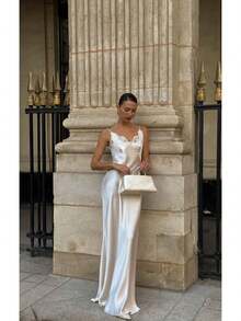 New Spring/Summer Sexy V-Neck Lace-Trimmed Long Satin Dress - 白色 - 查看 4