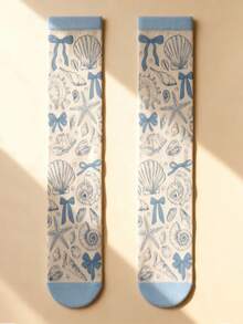 1 Pair Summer Beach Shells Starfish Bow Tie Knee High Socks For Kids Girls, Cute Baby Girl Princess Long Socks, Summer Funny Valentine Day Gift, Firthday Birthday Valentine Day Gift Knee Socks, Fun Girly Aesthetic Socks - Multicolor - View 5