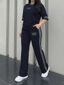 2pcs Women's Spring/Autumn Round Neck Short Sleeve T-Shirt And Elastic Waist Loose Pants Set, Casual Daily Wear - Royal Blue 66 - View 3