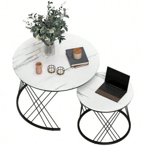 Set Of 2 Stackable Round Coffee Tables, Marble Look, Made Of Chipboard And Metal, White, Ideal For The Living Room. - White - View 1