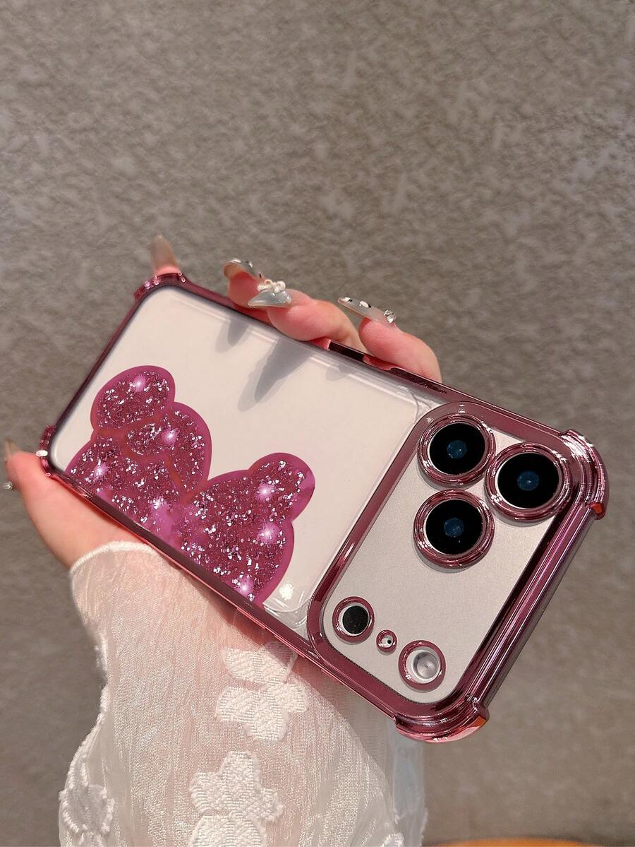 Compatible With IPhone 17 Pro Max/Air/16 Pro Max/15/14 Pro Max/13/12/11, Galaxy S26, Galaxy S25 Ultra, Galaxy S24 Ultra, Galaxy S23, Galaxy S22, Galaxy S22, Glitter Bear Electroplated Phone Case, Transparent Airbag Anti-Drop Soft Shell, Luxury Rhinestone Full Coverage Protective Case, Unique Cute Style Outer Cover - Pink - View 1