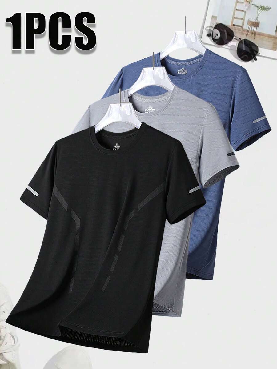 1 áo thun thể thao nam thường ngày, chạy bộ ngoài trời, thời trang, nhanh khô, nhẹ, thoáng khí, màu đen, thích hợp cho mùa hè. - màu đen - Xem 1
