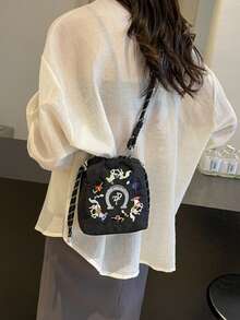 可爱刺绣帆布水桶单肩斜挎包，时尚防水尼龙新款手提包，狗狗刺绣包，女士托特包，带可拆卸肩带 - 彩色 - 查看 9