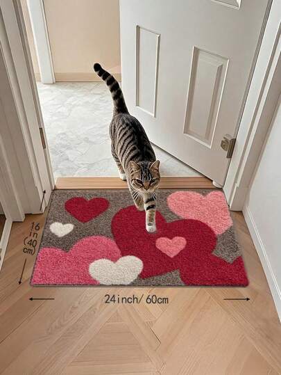 1pc Red Pink White Beige Heart Pattern Plush Mat, Non-Slip Trapper Welcome Mat, Machine Washable Indoor Outdoor Floor Mat For Entryway Bathroom Kitchen Bedroom, Romantic Home Decor Accessories