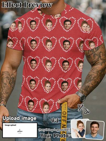 Customized Men's Round Neck T-Shirt, Personalized With Portrait Of Family Members, Pets, Cartoon Or Holiday Themed Designs