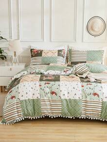 2件/3件套绿色花卉印花白色蓬松被套套装 - 1件被套和1/2件枕套，柔软舒适的涤纶面料，可机洗，乡村风格家居装饰，农舍风格卧室用品 - 彩色 - 查看 11