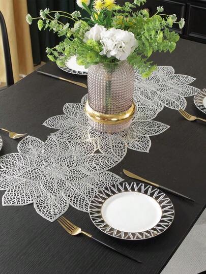1pc Hollow Out Table Runner, Gold PVC Flower Table Decoration Dining Room