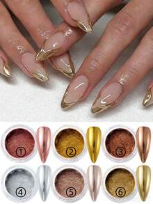 6pcs/Set Metallic Chrome Nail Powder, Shiny Nail Powder, Fashion/Silver/Gold/White Champagne, 6 Colors Magic Mirror Nail Powder Set, Nail Art Decorations, Nail Salon Supplies - 彩色 - 查看 2