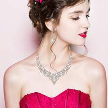 Juego de 4 piezas de collar de vidrio austriaco arete pulsera anillos conjuntos de joyas para novias bodas fiestas disfraces regalos para mujeres -B032 - Dorado - Ver 2