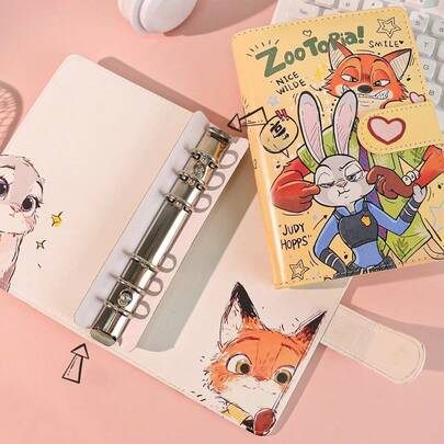 ズートピア ジュディ、ニック、フォックス A6サイズ ソフトレザー 磁石開閉式ノートブック、中学生・小学生向け、必須の学用品&ギフト