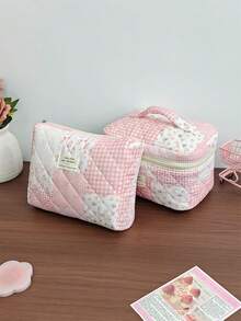 粉色花卉拼接图案女士化妆包套装，大容量时尚可爱旅行洗漱包，满足日常收纳需求，多功能便携手提包，收纳袋，节日礼物，化妆包，旅行必备 - 粉色 - 查看 3