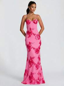 Shiny Cream Yellow Floral Embroidered Elegant Sexy Backless Party Dress, Suitable For Formal Occasions, Anniversary, Graduation, Party - Hot Pink - View 2