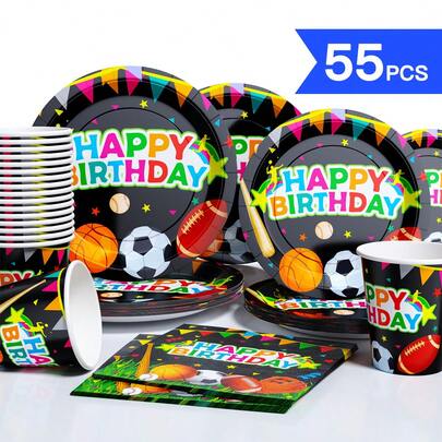 Sports Happy Birthday Disposable Plate, Napkin, Cup Set, Plates, Napkins And Cups Party Supplies, Suitable For 10 Guests, Disposable Paper Plates Party Tableware Suitable For Birthday, Wedding, Party, Family Picnic