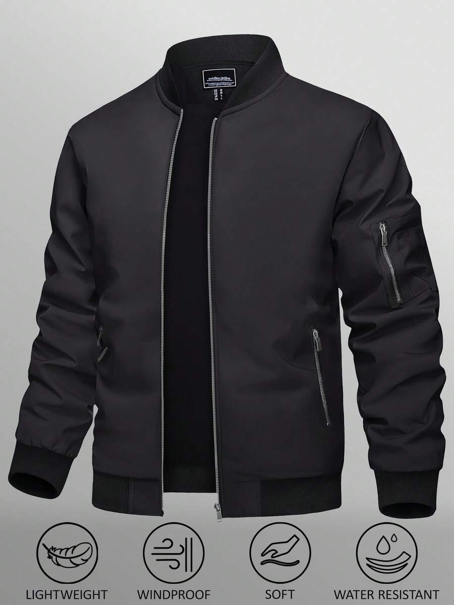 KEFITEVD Men's Aviator Jacket Lightweight Casual Spring And Fall Windbreaker With Pockets Zipper Windproof Waterproof Jacket - 黑色 - 查看 1