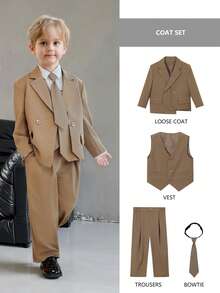 4pcs Young Boys Suit Set: Unique Design Jacket + Single-Breasted Vest + Matching Pants + Tie, Suitable For Festivals, Weddings, Ring Bearer Occasions - Coffee Brown - View 12