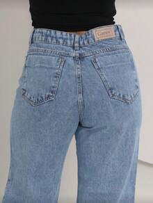 Calça Jeans Wide Leg Feminina Marmorizada Pantalona Oversized 100% Jeans - Lavagem Média - Visão 4