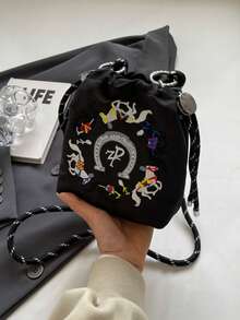 可爱刺绣帆布水桶单肩斜挎包，时尚防水尼龙新款手提包，狗狗刺绣包，女士托特包，带可拆卸肩带 - 彩色 - 查看 13