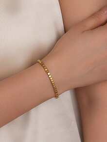 1 Set Stainless Steel Fashionable Versatile Cube Beaded Necklace + Bracelet Jewelry Set, Suitable For Daily Wear And Gift - Yellow Gold - View 5