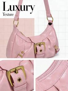 1pc Women's Vintage Mille Doux Wasteland Style Soft Distressed Leather Bag, Rivets And Needle Buckle Decoration, Wrinkle And Cloud Patterns, Shoulder/Crossbody Bag, Suitable For Work, Commute, Date And Party, Tready Crescent Moon Bag For Women - Hồng - Xem 5