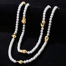 Elegante Colar Metálico Eletrolítico Multicamadas com Pérolas Falsas Brancas e Strass, Adequado para Banquetes, Festas e Outras Ocasiões, Moda Vintage Europeia e Americana - Branco - Visão 2