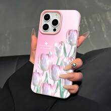 Funda para teléfono con patrón de flor de tulipán compatible con  17,  16 Pro Max,  15 Pro Max,  13 y  12, diseño con textura retro, resistente al agua, a las caídas, a los arañazos, elegante y resistente a las manchas, un gran regalo para familiares, amigos, amantes, novios, novias y San Valentín. - Rosa - Ver 4