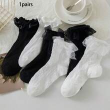 3双随机白色蕾丝荷叶边公主袜，女士款，高品质 - 彩色 - 查看 10