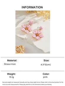 OOQ 1 Pair Handmade Woven Rattan Colorful Floral Boho Style Earrings, Minimalist Design With High-End Floral Tassel, Suitable For Women's Daily, Vacation, Party Wear (Handmade With Minor Imperfections) - Pink - View 5
