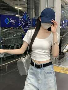 修身U领纯色短袖T恤，褶皱设计，露脐短款上衣，休闲白色夏季款 - 白色 - 查看 7