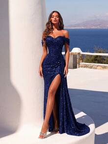 Sequin Heart Neckline Ruched Waist Long Tie Waist Front Slit Backless Cocktail Dress, Elegant Formal Evening Gown Suitable For Wedding Guest, Graduation Ceremony, New Year's Party And Other Occasions - Navy Blue - View 1