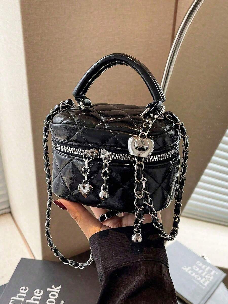 1pc Women Mini Handbag, Fashion Solid Color Embroidered Rhombus Pattern Crossbody Bag Fits Cards & Keys - màu đen - Xem 1