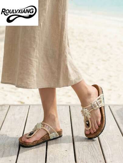 roulvxiang Wide Fit Plus Size Women's Metallic Buckle Thong Sandals, Casual Indoor/Outdoor Slippers With Diamond Sequins, Slip-On Shoes In Multiple Colors