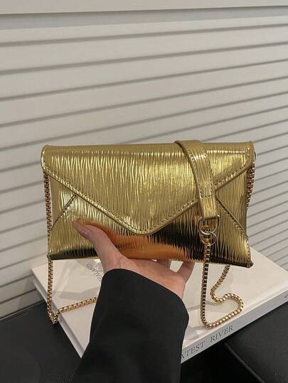 2026新款时尚女士纯色链条亮面信封包，优雅单肩斜挎包