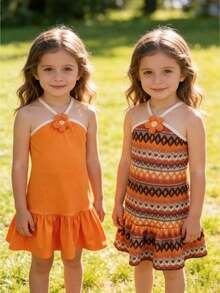 两件套女童休闲可爱连衣裙，碎花吊带时尚橙色连衣裙+橙棕色提花针织连衣裙 - 橘色 - 查看 3