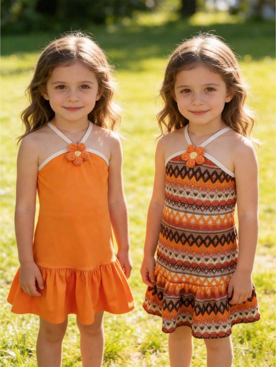 两件套女童休闲可爱连衣裙，碎花吊带时尚橙色连衣裙+橙棕色提花针织连衣裙 - 橘色 - 查看 1