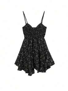 Đầm đen dáng suông, họa tiết hoa nhí bất đối xứng, chất liệu vải ngẫu nhiên, thích hợp cho kỳ nghỉ hè thanh lịch. - Đỏ cam - Xem 5