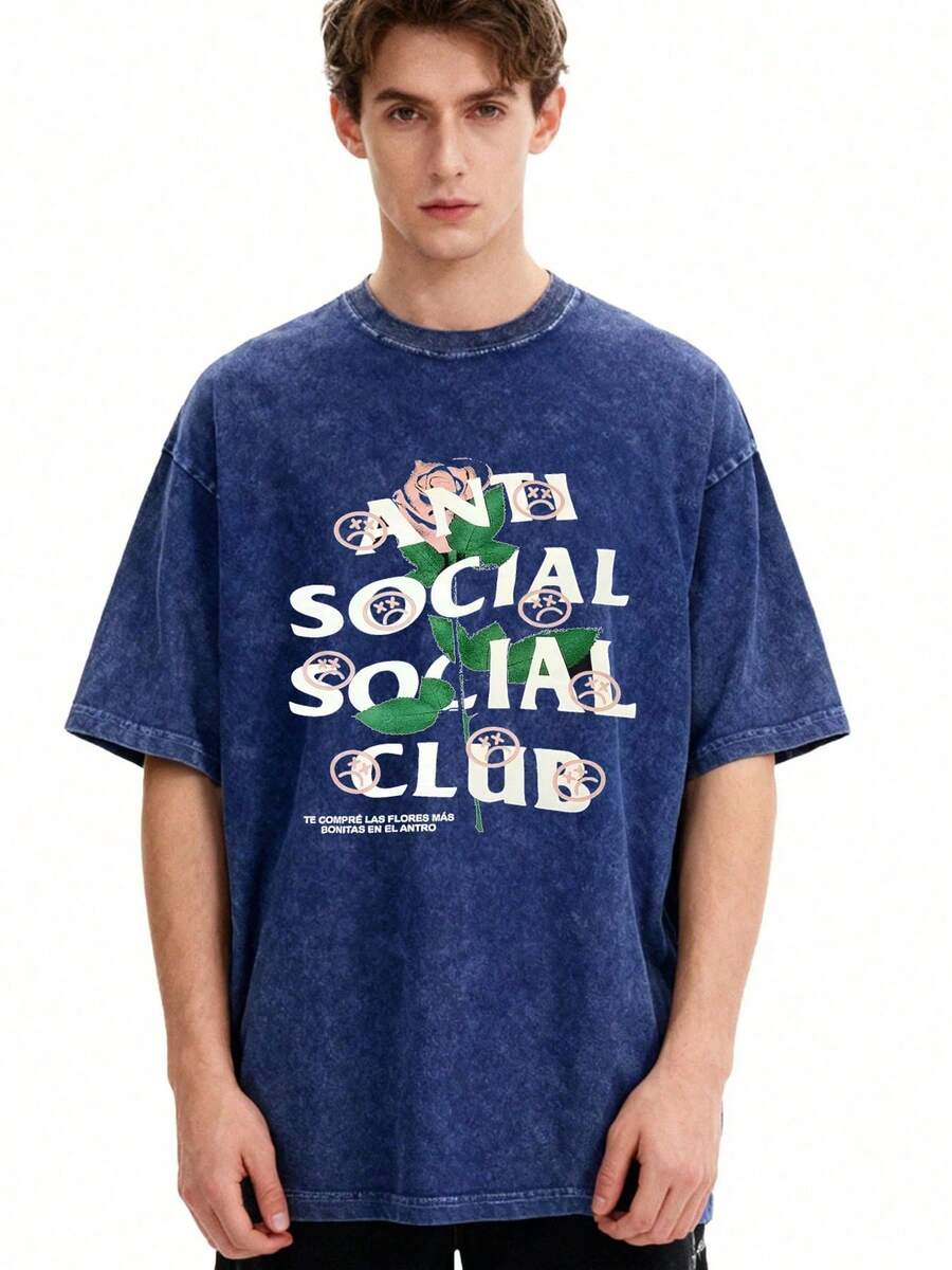 1pc Retro Water Washed T Shirts, Artistic Graphic Featuring A Blooming Rose Intertwined With Bold Anti Social Club Text Symbolizing Contrast Between Beauty And Isolation Vintage 100% 230g Pure Cotton Casual Tee For Men,Street Y2K, Summer Tops, New Year Gifts,Unisex - Royal Blue - View 1