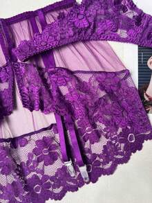 Women's Lace Lingerie Set, Floral Lace Bra & Garter Belt, Sexy Sheer Adjustable Strap Underwear - Purple - View 8