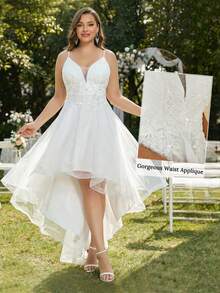EVERPRETTY Plus Romantic Appliques High Low Hem Flattering Cami Wedding Dress White Elegant Bridal Dresses For Spring Summer Wedding Party, Bride - White - View 6