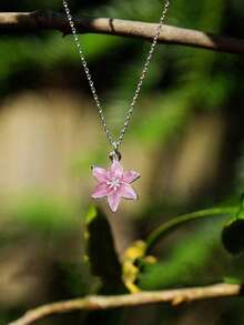 1pc Lily Pink Flower Delicate Pendant Necklace, Silver Chain Floral Necklace, Birthday/Wedding Gift - Multicolor - View 2