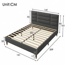 Upholstered Double Bed With Bed Frame And Iron Frame. 140x200 Cm Frame And Headboard With Cushion. Suitable For Bedrooms And Apartments, Grey, Black (With Spring Mattress) - Grey - View 9