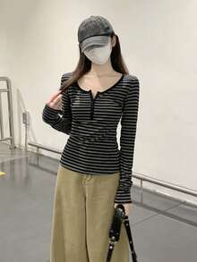 Contrast Striped Button Collar Slim Fit Versatile Long Sleeve T-Shirt Top For Women Casual - Grey Stripes - View 7